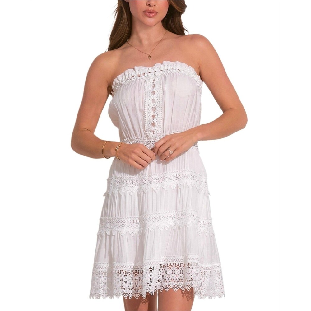 ELAN Anoki White crochet Lace Trim Strapless Mini Dress